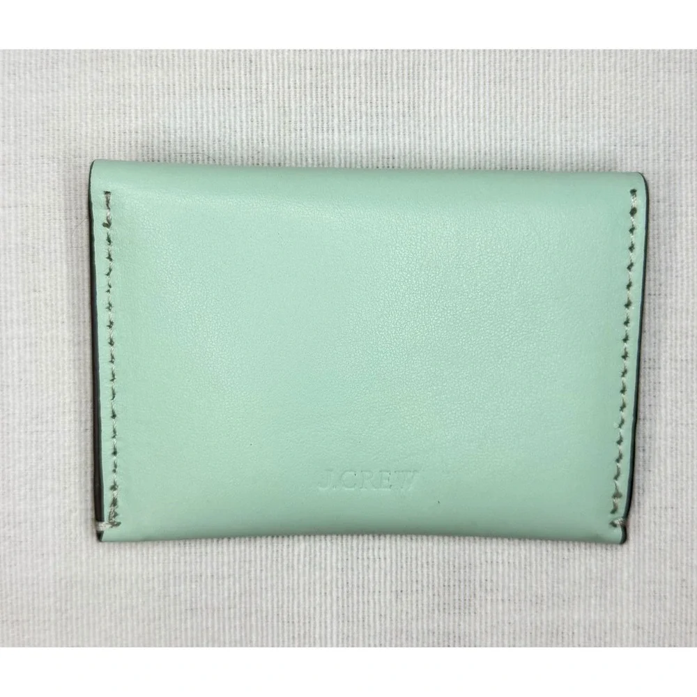 J.Crew Mint Green Leather Envelope Card Case Wallet Gold Snap New